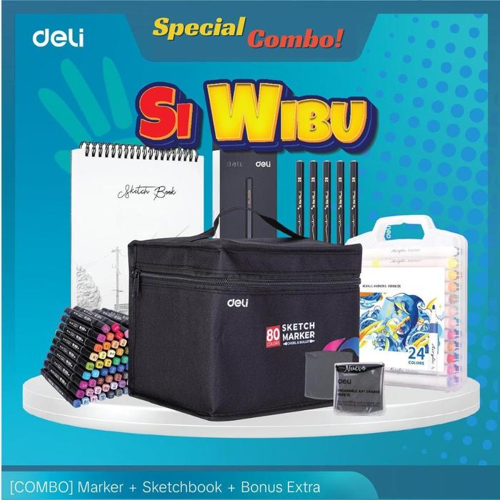 Deli Combo Si WIBU Sketch Marker/Acrylic Marker + Skecth Marker + Penghapus bisa dibentuk + Nusign P