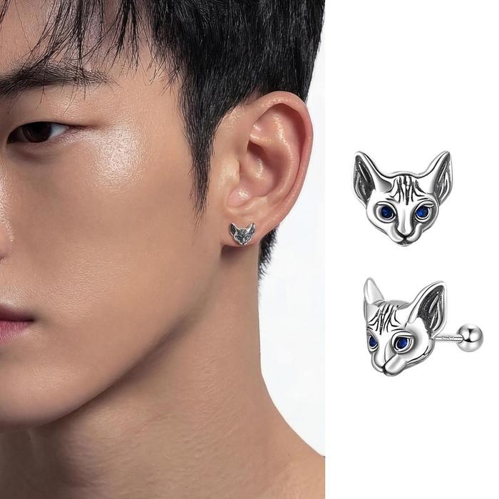 Guxi Anting Tindik Pria Kucing Sphynx Anting Stud Titanium Steel Keren Unisex Gaya Lucu