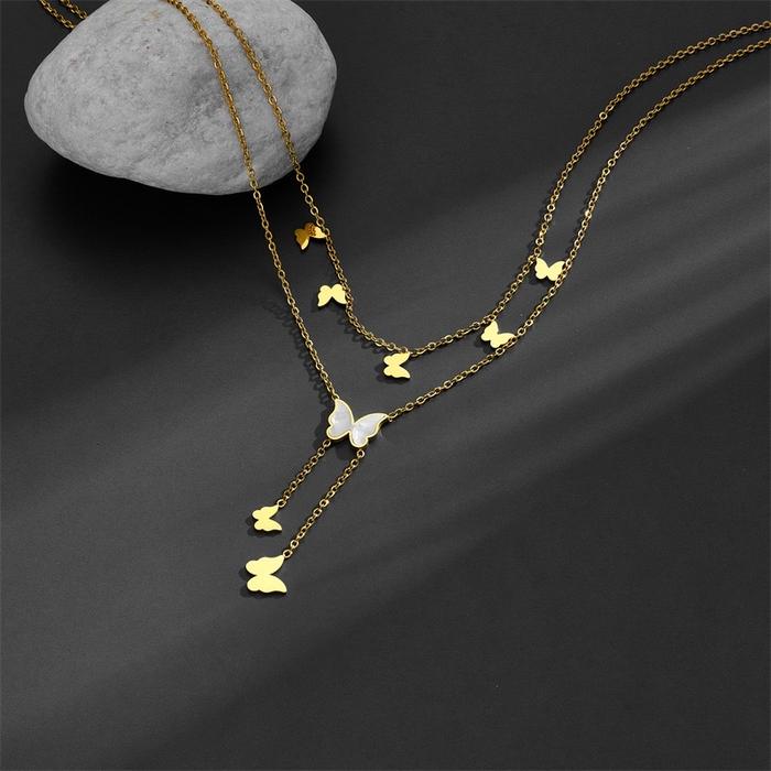 Kalung titanium premium elegant lapis emas asli 18 Karat model kupu kupu double layer anti luntur