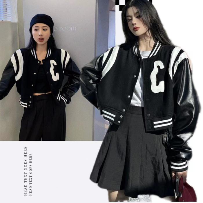 ##Jaket Baseball Crop Wanita Vintage Kekinian Korean Style/Jaket Crop Korea/Leather Crop Jacket/Leat