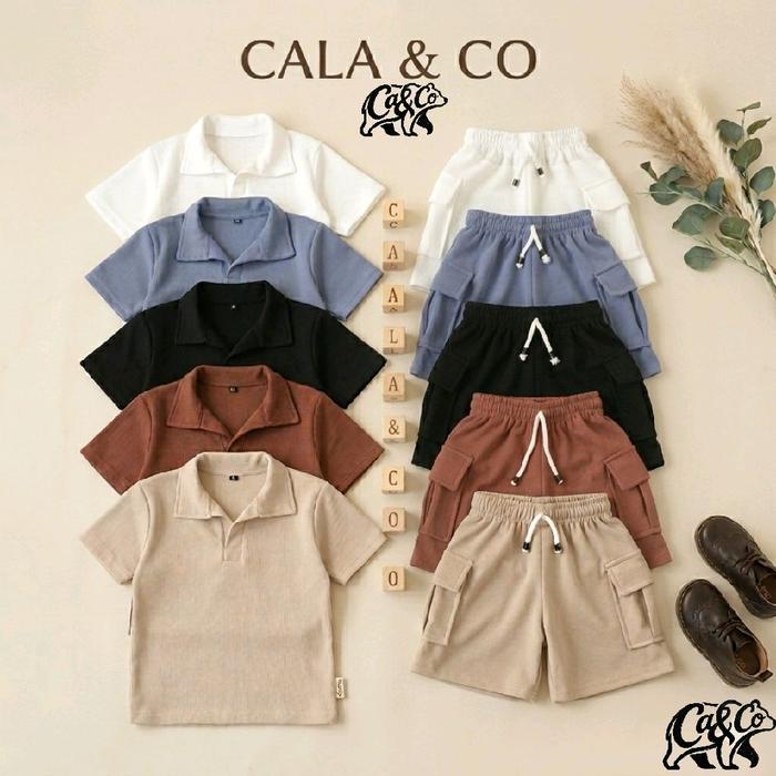 Cala & co ARKA SERIES Setelan Baju Kaos Kerah & Celana Cargo Anak Laki Laki Knit Premium Polo Korean