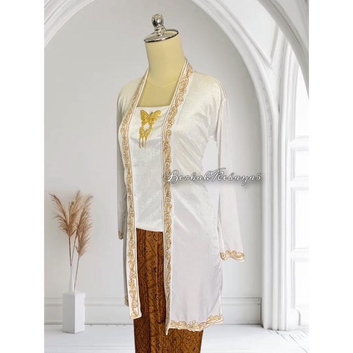 Setelan Kebaya Tunik Bordir Gold + Jarik Wiru Plisket Motif Sidomukti