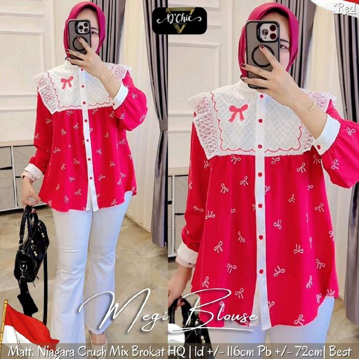Megi Blouse Merah Putih Mix Brokat Lengan Panjang Muslim Wanita Baju Atasan Motif Katun Dewasa Casua