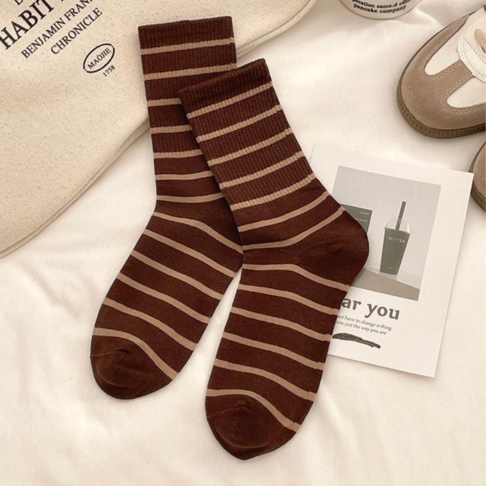 Ninabobo KK025 Kaos Kaki Panjang Striped Vintage Korean Style Socks Casual Motif Salur Garis - Kopi