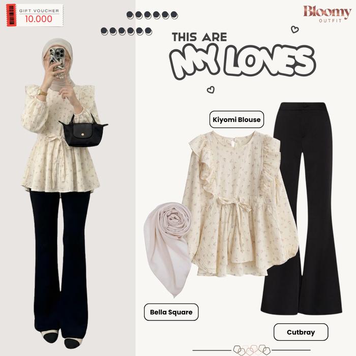 One Set Wanita Kekinian | Kiyomi Blouse Rose Lilac + Celana Cutbray Scuba Hitam + Hijab Bella Square