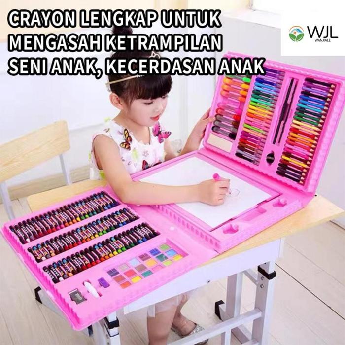 WANJIALE PALING LENGKAP Crayon Anak Pengasah 208pcs Set Alat Menggambar Melukis Anak-anak Crayon Cat