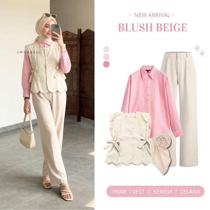 Blush Beige One Set Hijab Style (Vest, Kemeja, Celana, Jilbab) Setelan Wanita Kekinian Outfit Remaja