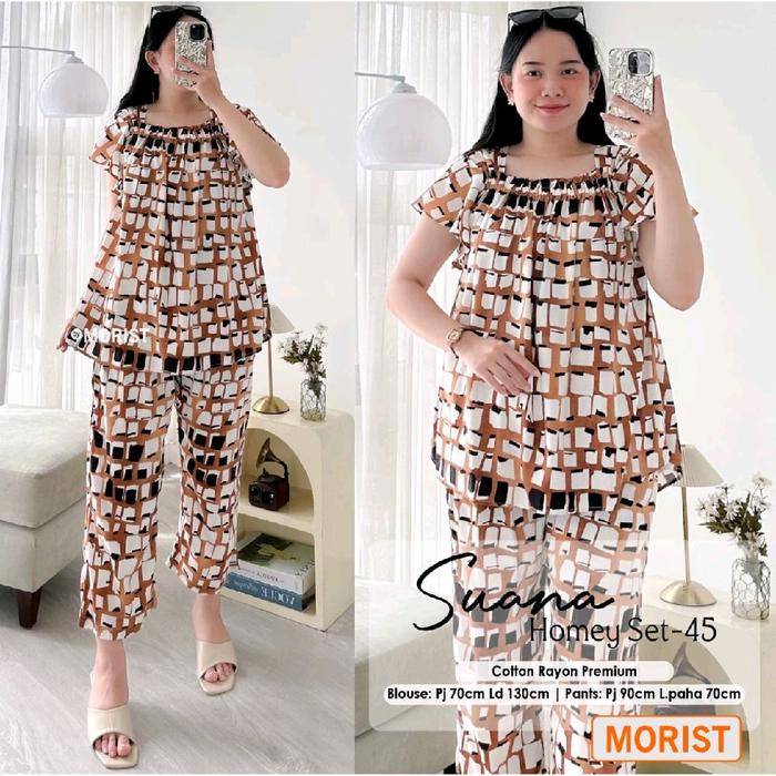 MOTIF RANDOM - One Set Dada Kerut Setelan Santai Wanita Bahan Katun Rayon Jumbo (LD 130 cm) Busui Bi