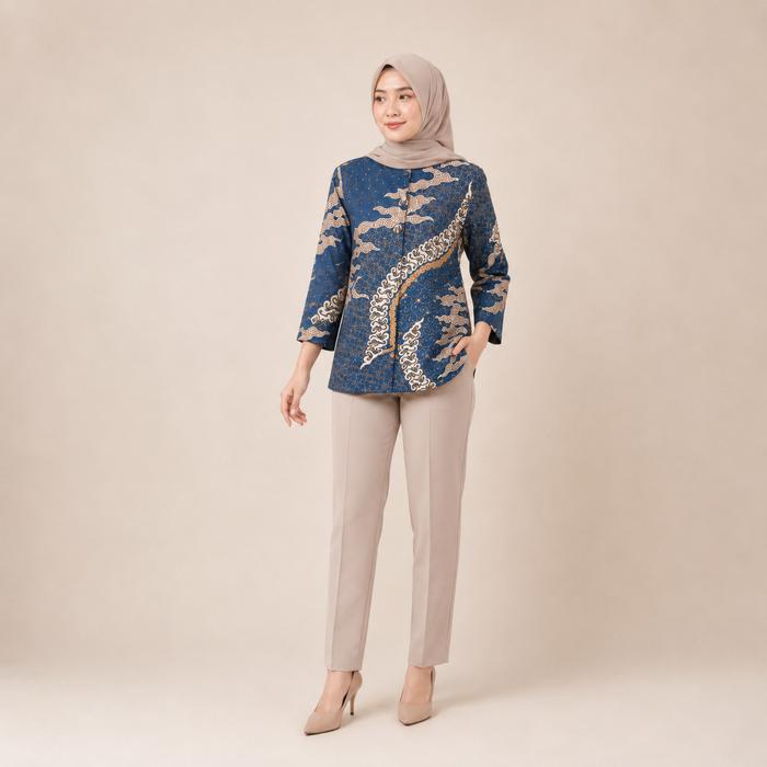 Batik Blus Najib Biru l Blus Kantor & Kondangan l Batik Lengan 7/8 Cocok Dipakai Seharian