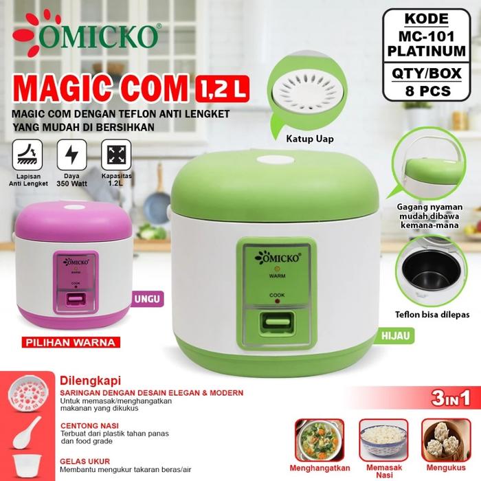 Omicko MC101PL Rice Cooker / Magic Com 1.2 Liter 3 in 1 Bonus Gelas Ukur dan Sendok Nasi