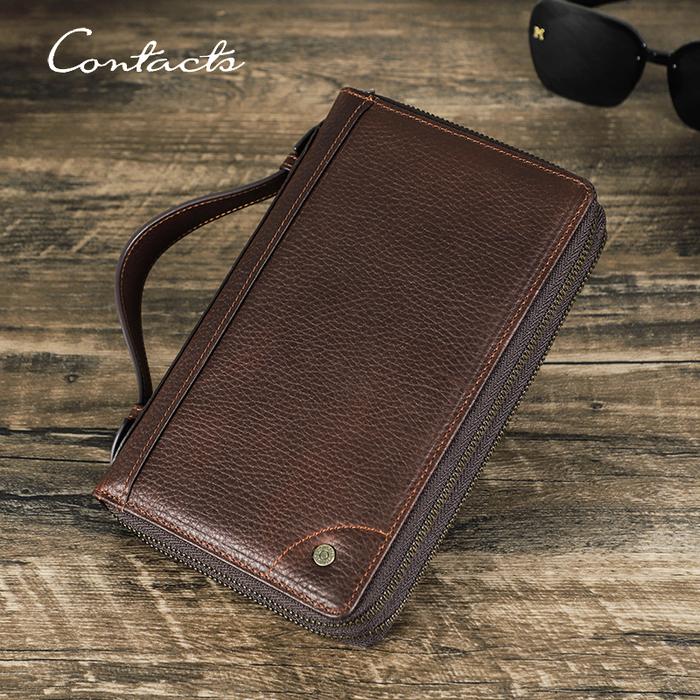 CONTACT'S Men Genuine Leather Clutch Wallets Retro Long Zipper Clutch Bag Phone Pocket Card Holder P