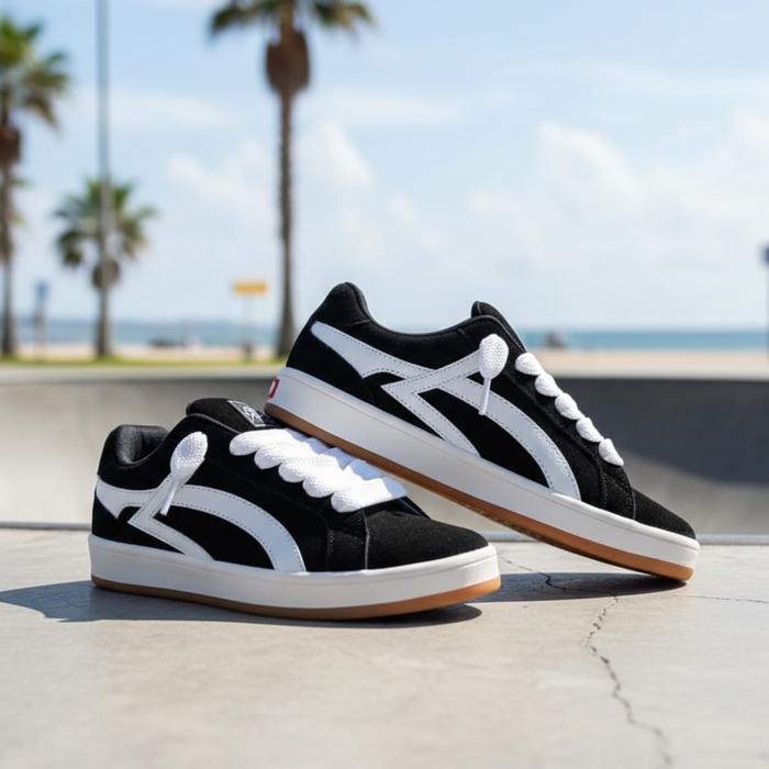 Sepatu skate casual tktn bahan suede basic hitam black putih pria wanita fashion kasual shoes lokal 