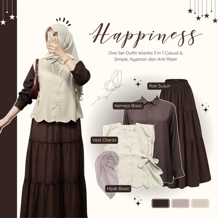 One Set Casual Modest 3in1 | Vest Cheris, Kemeja, Rok, Hijab | Chic Daily Outfit Brown - LL162N