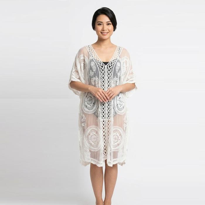 Outer Dress Lauren Fit Size M-2XL Gaun Wanita Bahan Lace Menerawang Panjang 90cm Lengan Pendek Motif