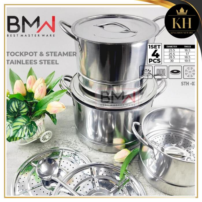 KH-Stock Pot Steamer 4 Set BMW/ Panci Kukus 4 Set / Panci Dandang Stainless Steel/Stock Pot Steamer