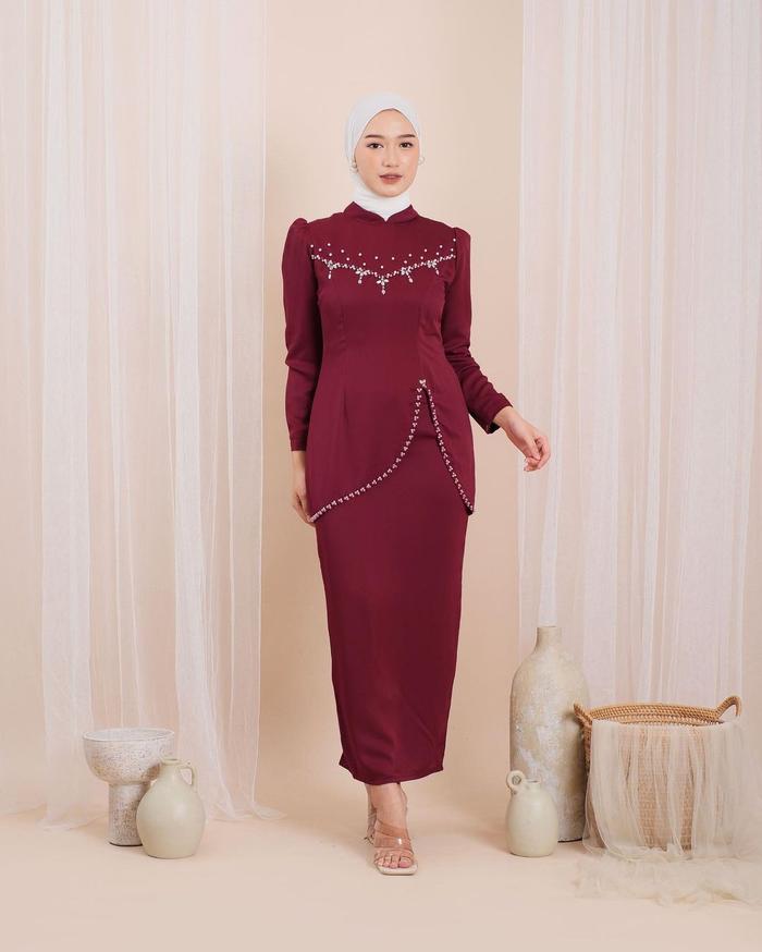 Oneset Felicya Baju Kurung Melayu Malaysia Full Payet Setelan Pesta Atasan Rok Satin Wanita Dress Pe
