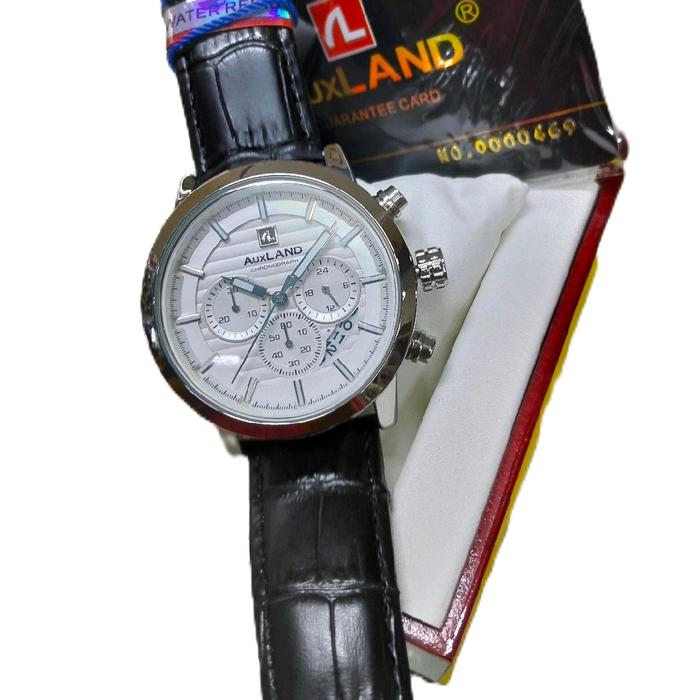 JAM TANGAN PRIA KULIT AUXLAND STAINLISTIL CRONO AKTIF ORIGINAL TAHAN AIR DENGAN BOX KAYU JATI MINIMA