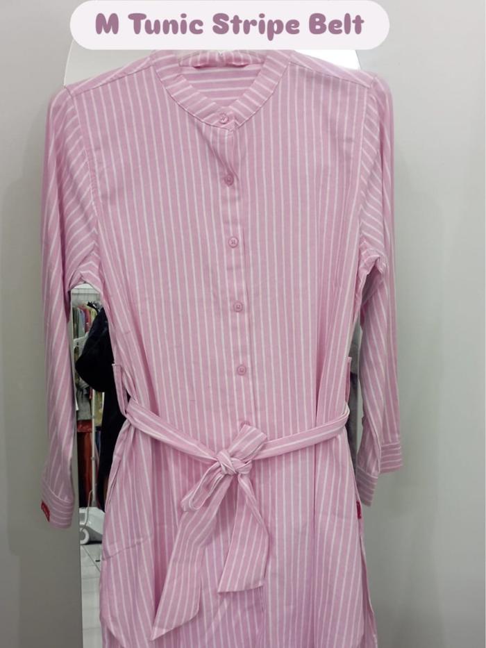 Dauky M Tunic Stripe Belt Baju Atasan Wanita katun tunik garis garis kancing depan