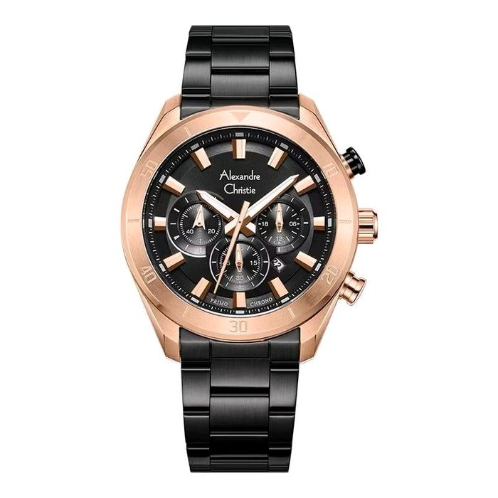 Jam Tangan Pria Alexandre Christie Chronograph AC 6672 MC BBRBA Men Black Dial Black Stainless Steel