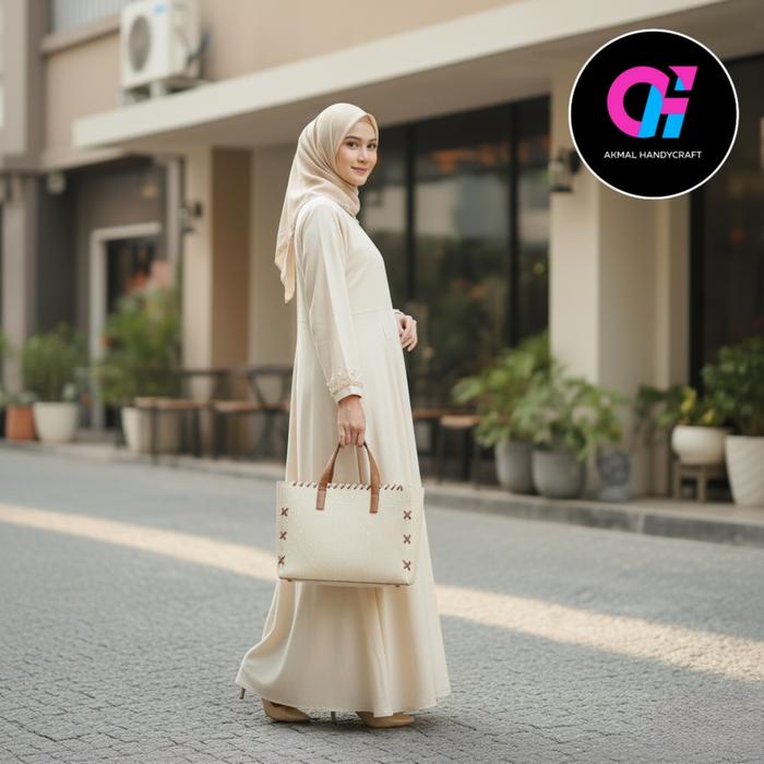 Tas Wanita /Cewek Totebag Anyaman Pandan Kombinasi Kulit Sintesis Ukuran Jumbo Produk Akmal Handycra