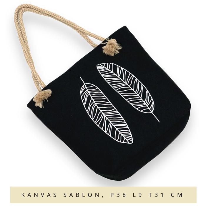 Tas tote Totebag hitam Wanita Kanvas warna gelap sablon gambar motif tali sumbu tambang murah semara
