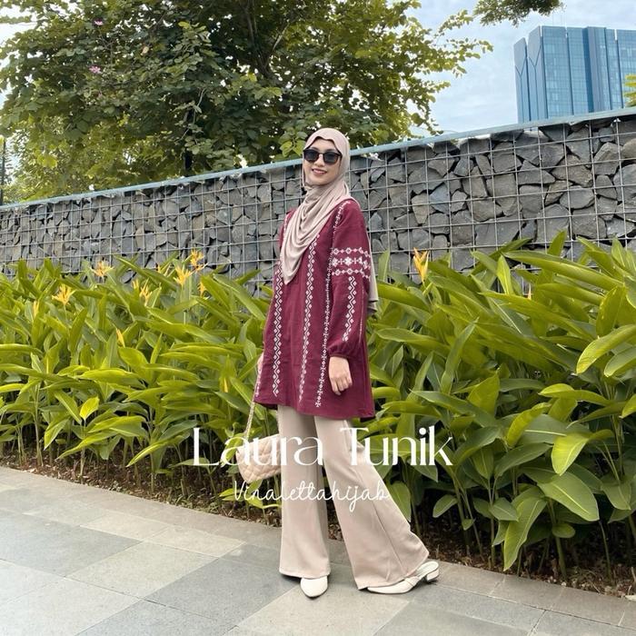 Laura Tunik Tunic atasan raya lebaran Idul fitri Ethnic Cantik Linen Muslim Panjang Wanita Katun Bas