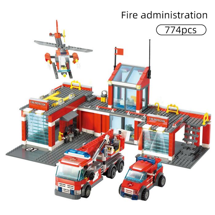 City Fire Station Model Building Blocks Car Helicopter Construction