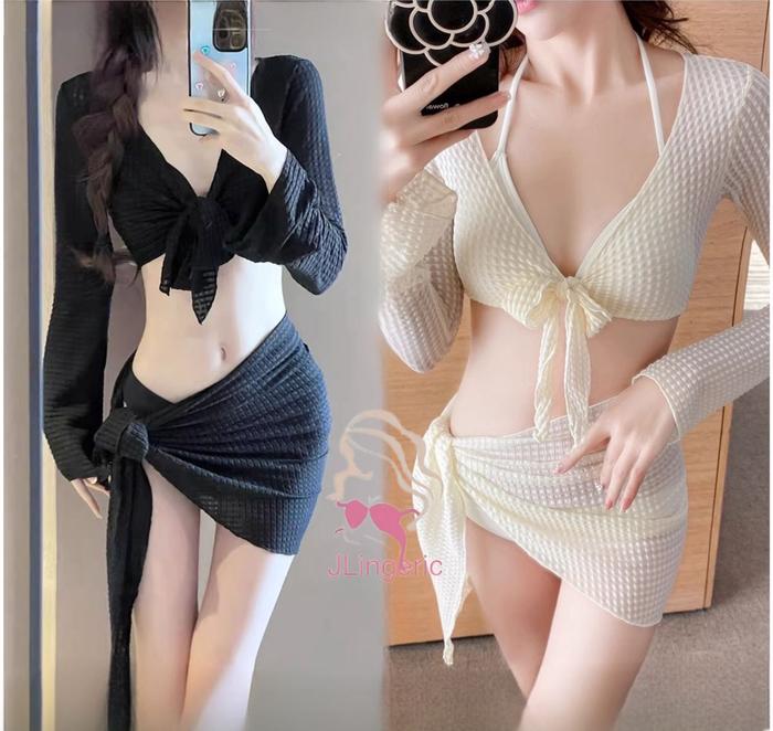 SEXY BIKINI 3 IN 1 OUTER BRA DAN CD SWIMSUIT BAJU RENANG PANTAI LENGAN PANJANG / BEACHWEAR / KOREA S