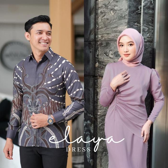 Elaya Dress - GAMIS COUPLE KEMEJA BATIK MAUVE SERIES BUSANA MUSLIM WANITA GAMIS POLOS KOMBINASI BROK