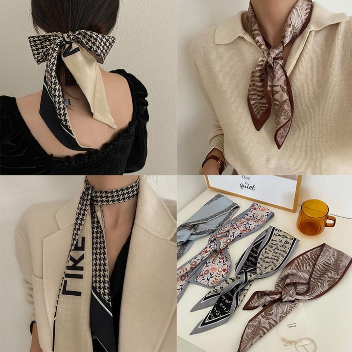 Korean Silk Scarf Bag Shawl Ribbon Style Flower Letter Basic Motif Twilly Female Women Hair Neck/ Pi