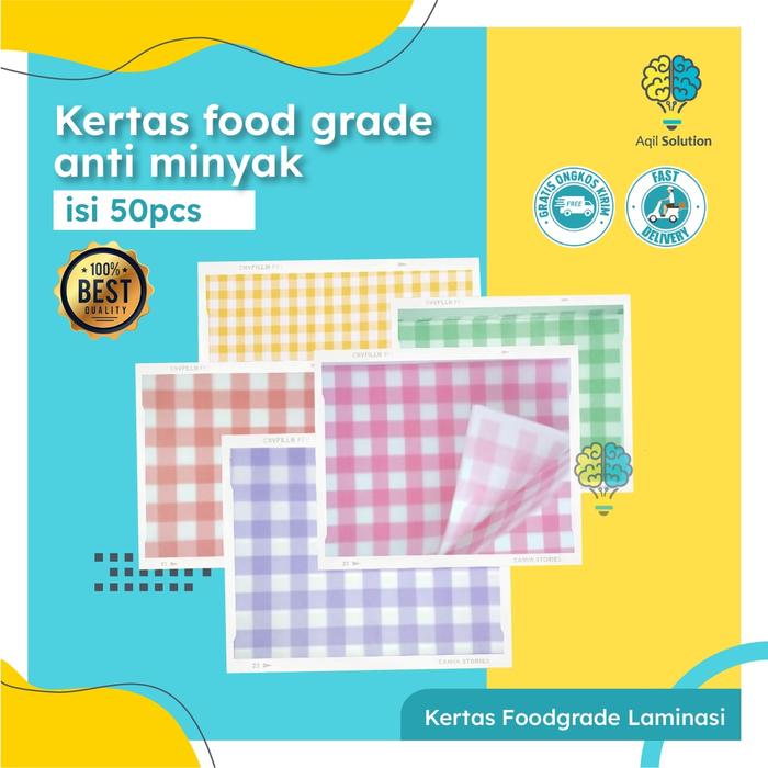 (22x27cm= 50pcs) Kertas Foodgrade Laminasi/ Kertas nasi/ Kertas Roti/ Kertas makanan /Alas Bekel Vir