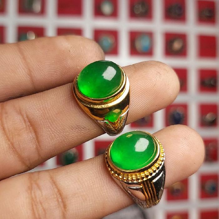 Cincin batu giok birma dim 12x10 tipe c ring titanium super eceran per 1 pis