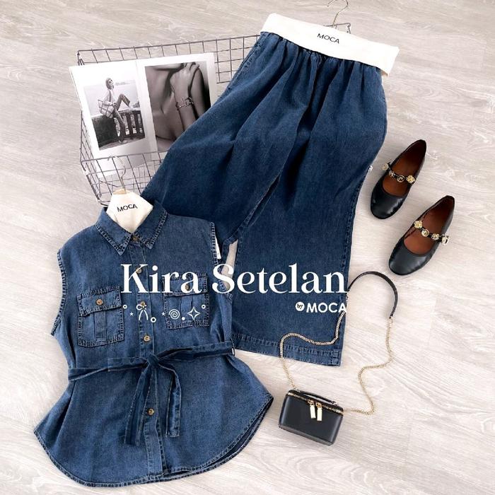 Setelan jeans blouse + celana ORI by MOCA (logo kotak) Kira setelan