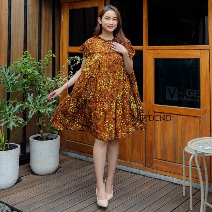 MEYDEND - Mini Dress Cendani Batik Cap Asli Model Rempel Susun Bahan Rayon Premium
