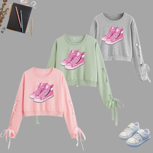 Sweater Crop Top Anak Perempuan Tali Pita Korean Style Cewek Gambar Sepatu Aestetic Trend Terbaru Ke
