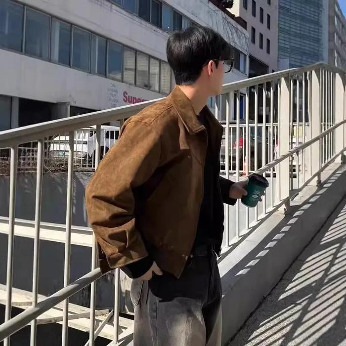 American Retro Brown Suede Jacket Men's Spring Autumn Short Flight Jacket Casual Wear Regular Length