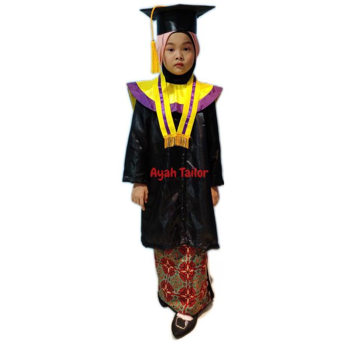 BAJU TOGA JUBAH WISUDA TK PAUD KUNING LIST UNGU - HITAM, S