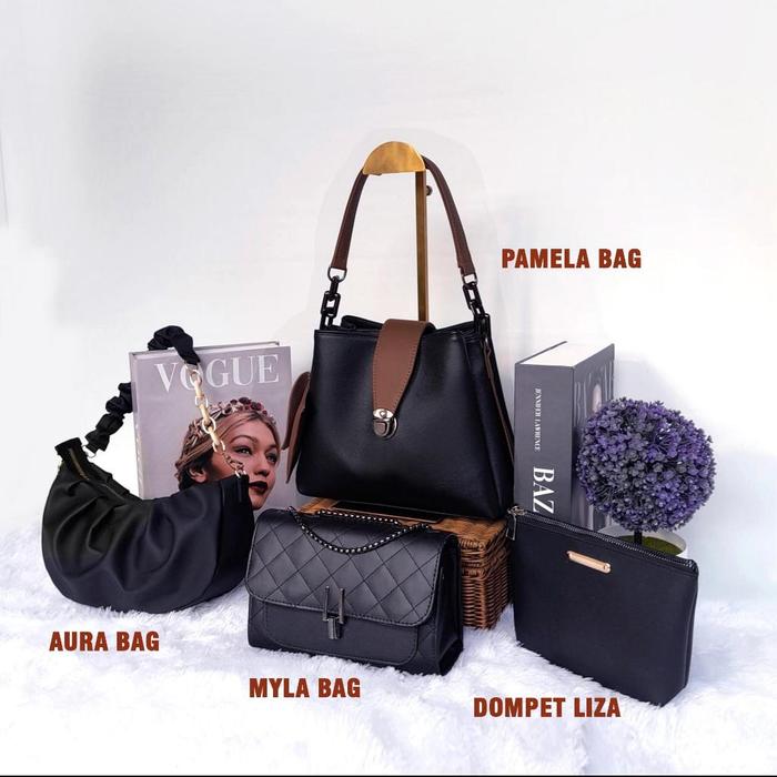 Iznada Bags - Paket Hemat Isi 5 Tas Selempang Wanita FAMELA AURA MYLA ELIZA Tersedia Full Hitam Teba