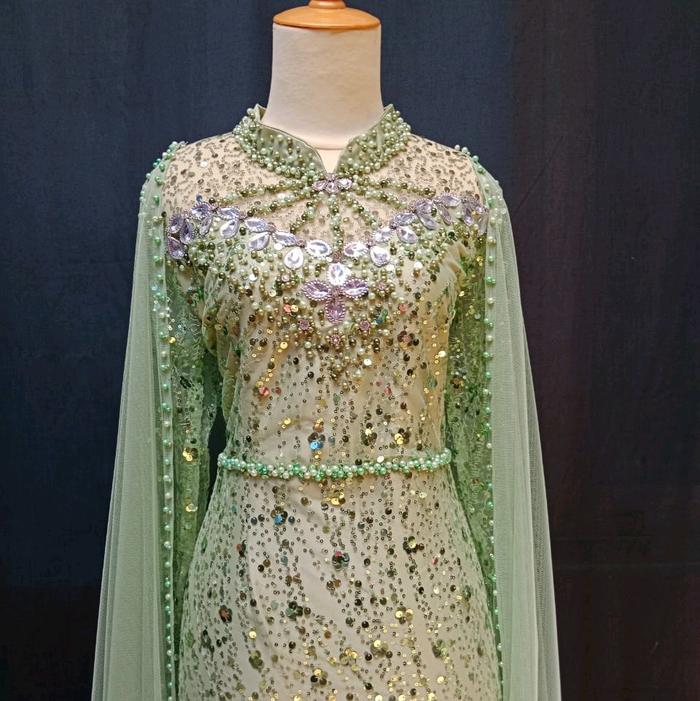 gaun slim sequin sage,gaun resepsi gaun pesta murah lebay , free veil hijab Dress Pengantin Wanita P