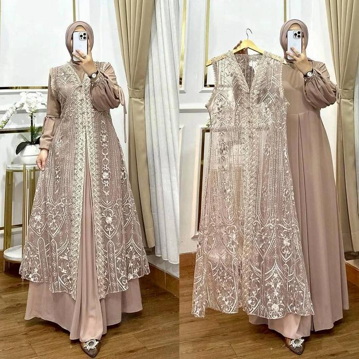 Naura Dress Gamis Brukat Elegant Simple Baju Muslim Wanita Model Baru Lebaran 2026 Ceruty Babydoll