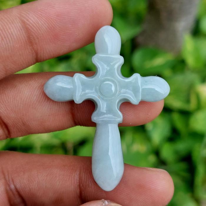 Liontin Salib Batu Giok Asli Natural Jadeite Jade Original Memo Lab Tbk