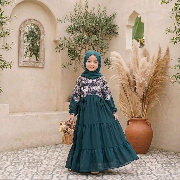 Delisha Gamis Muslim Hijab Anak Perempuan Bahan Ceruty Babydoll mix Katun Bordir/ Gamis Anak usia 3 