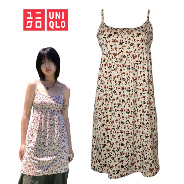 UNIQLO Tulip Print Cotton Dress Adjustable Sleeveless with Cup Bra Size Small L