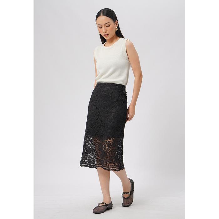 Executive Fitted Lace Midi Skirt Black