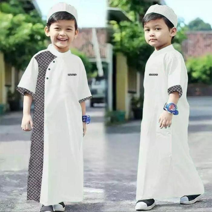 Baju Jubah Muslim Anak Laki-Laki Koko Gamis Motif Batik Bahan Polymicro Usia 1-12 Tahun Warna Putih 