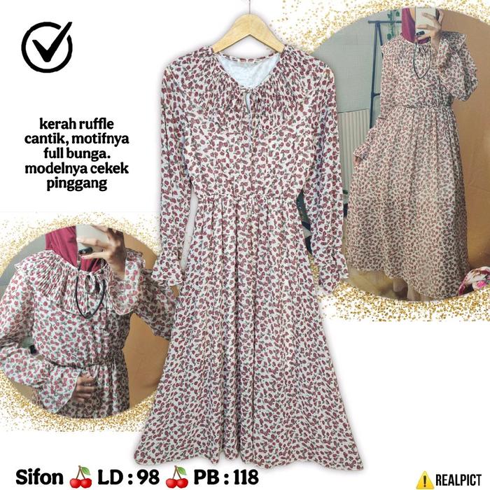 Midi Dress Sifon Sailor Ruffle Size M Karet Pinggang Motif bunga Mawar Tulip Merah Cream BW Ceruty K