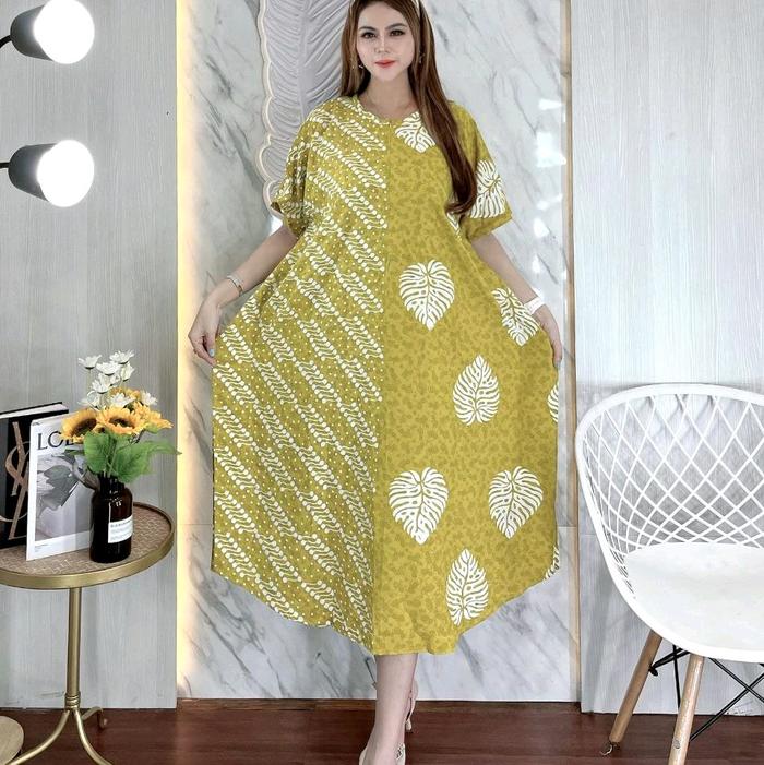 Daster Lowo Batik Cap Daun Seno Rayon Super Busui Bumil / Dress Lowo Jumbo Rayon Super Adem Halus Ka