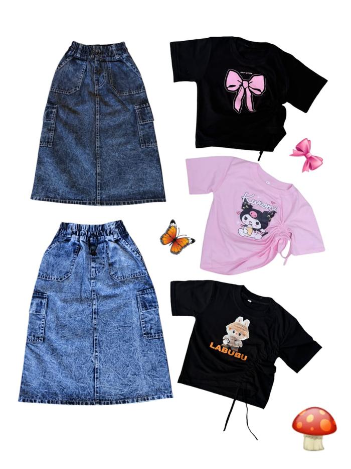 SETELAN ROK JEANS PANJANG YORA CARGO ANAK PEREMPUAN // ONE SET ROK PANJANG YORA CARGO KAOS CROP TOP 