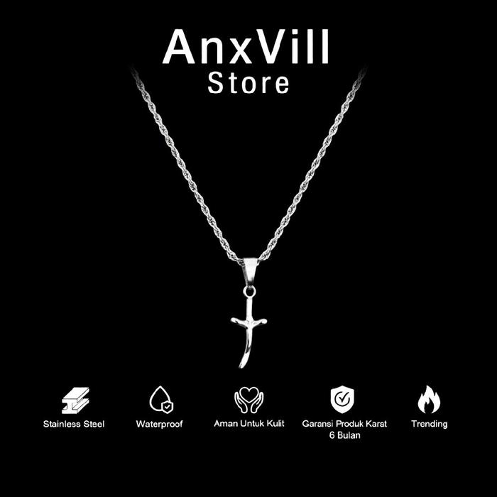 AnxVill - Kalung Titanium Anti Karat Stainless Pria Wanita - Kalung Salib Pedang Kecil Elegan