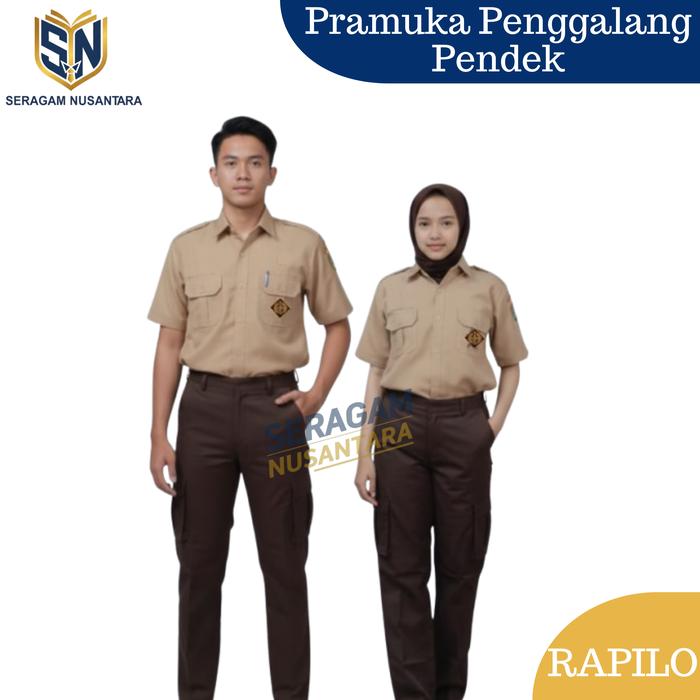 Baju Pramuka Laki-laki Guru SMP SMA Lengan Pendek Kemeja Pramuka Coklat Kain Katerina Rapilo Larici 